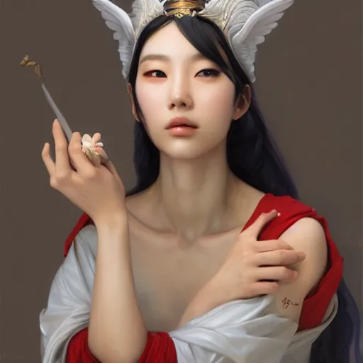 Prompt: A portrait of a female korean model as Ishtar the goddess of love, Stjepan Sejic, Ruan Jia, and Mandy Jurgens, and Artgerm, and william adolphe bouguereau, highly detailed, trending on artstation, award winning