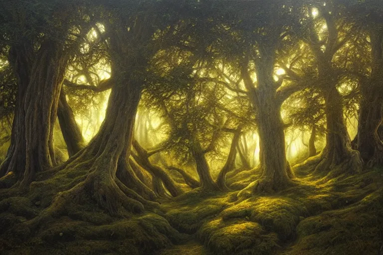 Image similar to masterpiece painting of oak trees on a hillside overlooking a creek, dramatic lighting, by tomasz alen kopera