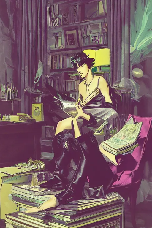 Image similar to goth guy sitting on the floor of a cluttered 9 0 s bedroom reading a book by rolf armstrong, vaporwave colors, lo - fi, concept art, smooth, detailed, toon shading, cel shading, animation, 4 k, hd,