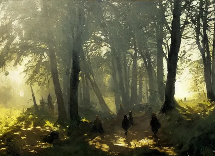 Image similar to oil painting of medieval forest path in dawn by anders zorn, wonderful art by greg rutkowski, incredible lighting, shadows, beautiful cinematic light, american romanticism by greg manchess, tall rocky mountains and storm clouds, sun rays, sunshine, bright sunny summer day, stone walls