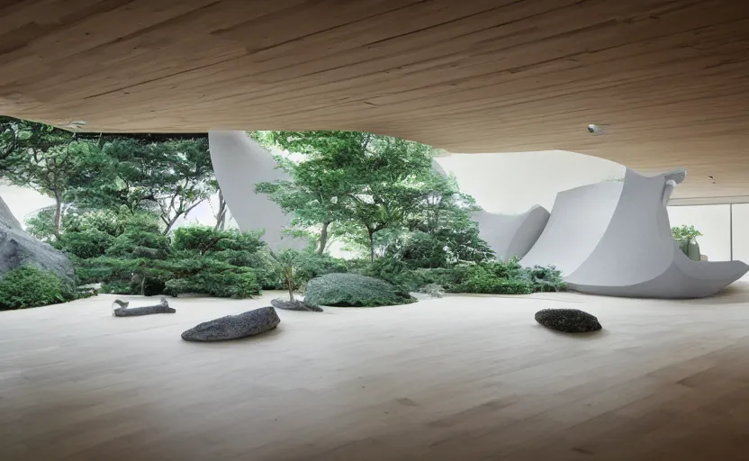 Prompt: futuristic minimalist living room, zen garden, coherent composition, architecturally accurate, architecture photography, 8 k