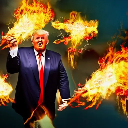 Image similar to obese donald trump casting fireballs, colorful hd picure, lightning in the background