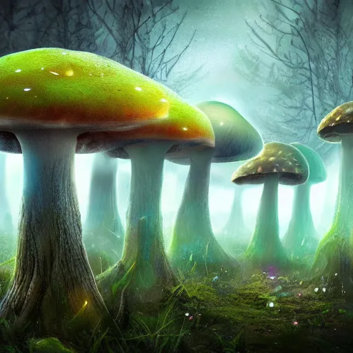 Image similar to eerie glowing mushroom forest with fairies, raining, fantasy landscape, 8k, ultra detailed, concept art, trending on artstation