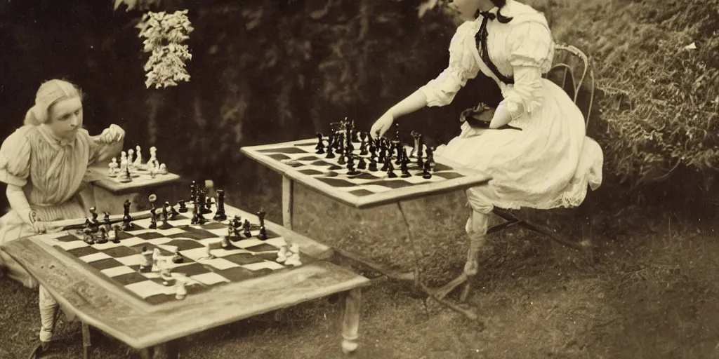 Image similar to a young edwardian woman playing chess against a rabbit