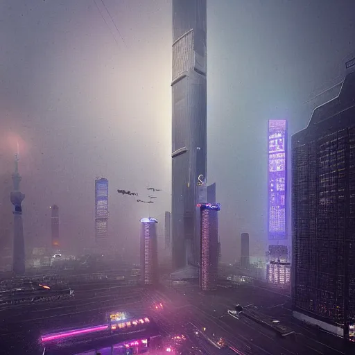 Prompt: cyberpunk shanghai lujiazui in the night seen from below, cityscape, mist, rain, artstation, greg rutkowski, hq