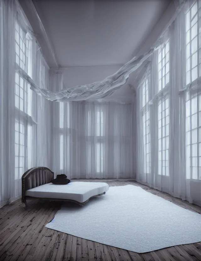 Image similar to dreamlike photo of floating bed above floor in a giant room with bright windows opening to other dimensions by andrzej sykut by lee madgewick, photorealistic, octane render, recursive, high contrast, flowing, cascading, multiverse!!!!!!, labyrinthine, optical illusion, impossible angles