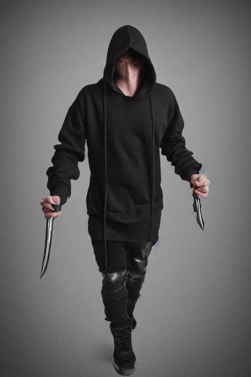 Image similar to a full body shot of a man in a black hoodie holding a dagger