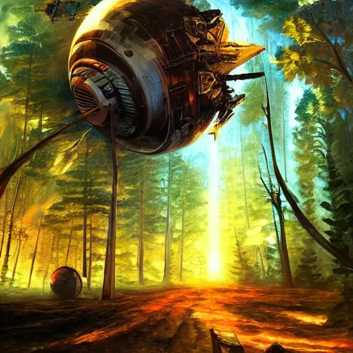 Image similar to crashed spaceship in forest cryengine render by android jones, james christensen, rob gonsalves, leonid afremov and tim white