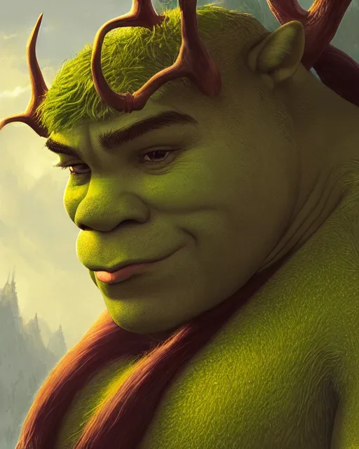 Image similar to portrait of beautiful shrek with green Elf antlers,nature,swamp,elegant,magical,highly detailed,artstation,concept art,illustration,by sakimichan,bouguereau,Ilya Kuvshinov,Ayami Kojima,Evanna Lynch