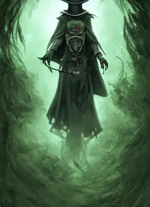 Image similar to a highly detailed illustration of plague doctor mask wearing woman, eerily floating with cape in the wind pose, surrounded by green mist, intricate, elegant, highly detailed, centered, digital painting, artstation, concept art, smooth, sharp focus, league of legends concept art, WLOP