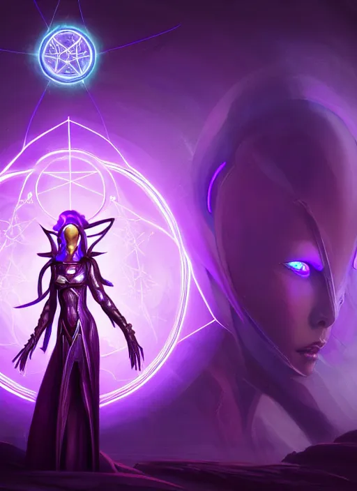 Image similar to portrait of an eldar, aeldari, lady voidstar, glowing diagram of a pentagram and a star, intricate, elegant, purple, glowing lights, highly detailed, digital painting, artstation, concept art, smooth, sharp focus, illustration, art by wlop, mars ravelo and greg rutkowski