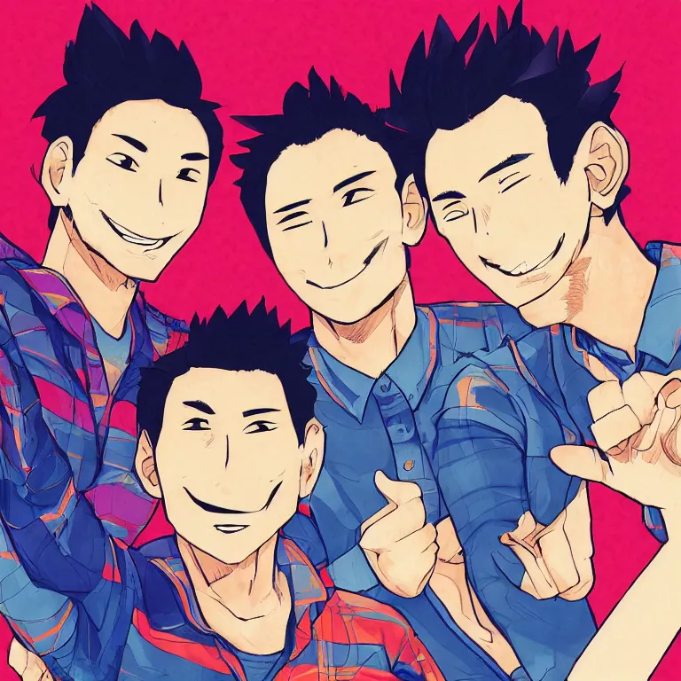 Image similar to a detailed colorful illustration of three guys ( daichi, sugawara, asahi ) posing for a selfie by timothy kong, trending on artstation