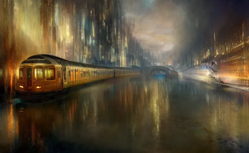 Image similar to an urban train rides inside of a waterway on a fantasy city. by artstation trending, by joseph mallord william turner, luis royo, konstantin razumov, cinematic lighting, fractal flame, highly detailed