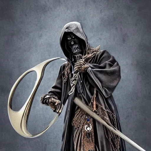 Image similar to grim reaper holding a fantast jewel encrusted scythe, highly detailed, 4k, HDR, smooth, sharp focus, hyper realistic, high resolution