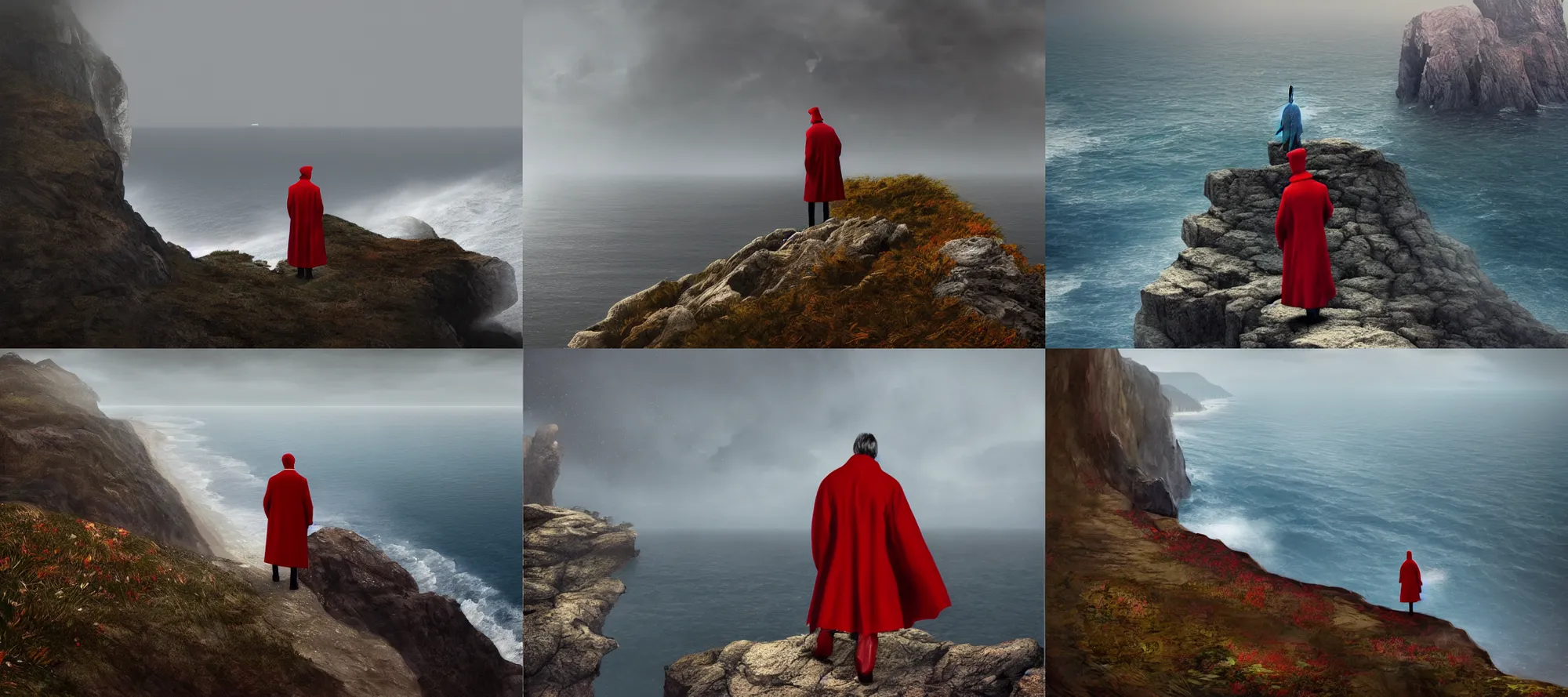 Prompt: a man wearing a long red coat standing on the edge of a cliff and looking out to the sea, leaves blowing in the wind, rain, dusk, artstation, concept art, sharp focus, photorealistic, octane render, art by Craig Mullins and Gret Rutkowski