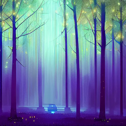 Prompt: forest at night with floating lights by Alena Aenami