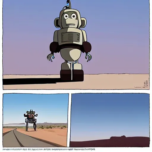 Image similar to a study of cell shaded cartoon of a grey robot baboon from howl's moving castle ( 2 0 0 4 ) on a desert road, full body, wide shot, very muted colors, post grunge, studio ghibli, laurie greasley, highly detailed, deviantart, art by artgem