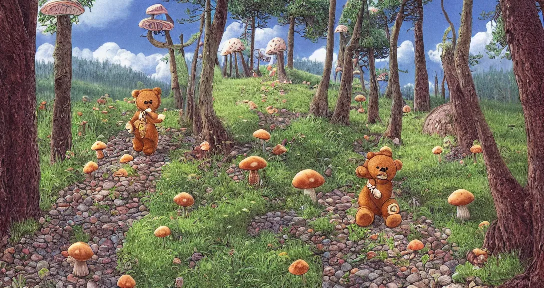 Prompt: teddy bear traveling on a forest road, with by lots of different kind on animals, small and big fairy tale buildings, giant mushrooms, weird creatures, highly detailed, wide view, book illustration, by sven nordqvist