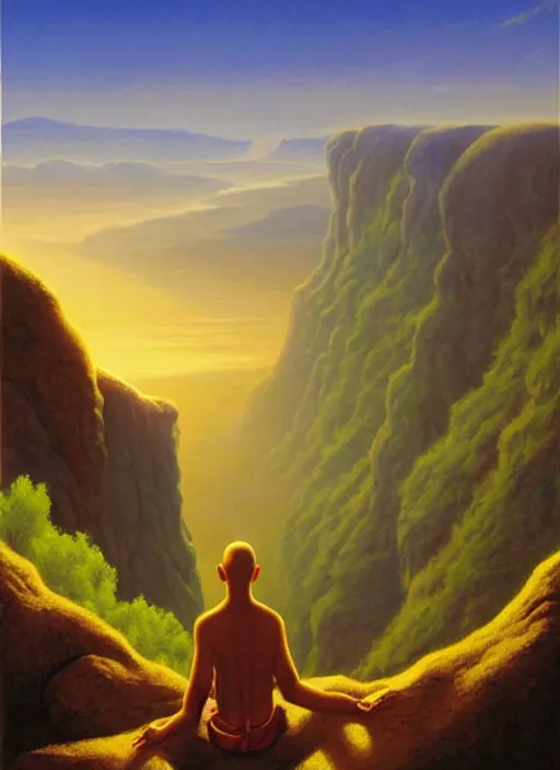 Image similar to an shaman sitting at the top of a cliff, looking down at the valley, doing a vision quest, beautiful sunset, art by vladimir kush