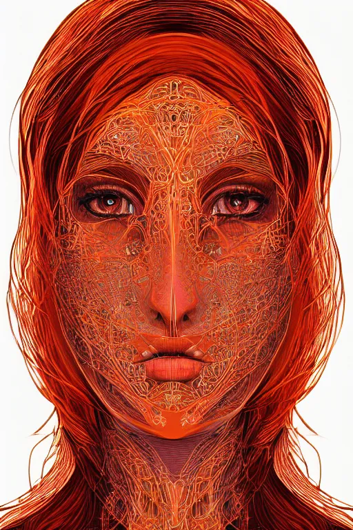 Image similar to a symmetrical portrait of a beautiful orange - haired woman face, concept art, intricate, aesthetic!!!!!, holographic design, god rays, symbolist, dramatic, ultra detailed