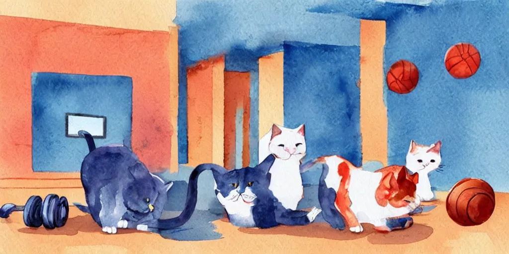 Image similar to watercolor illustration style, cute! cats!! training in the fitness studio, sports equipment laying around!