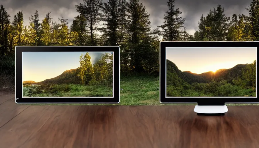 Prompt: photo realistic post modern home on a river bend, hills, mountains, sunset, trees in the background, moody scene, anamorphic lens, kodak color film stock