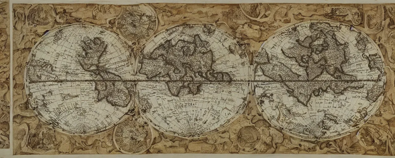 Prompt: highly detailed ancient map of the world, flat earth model, beautiful caligraphy and notations, detailed illustrations, ancient lost artefacts, 3 5 mm film photo