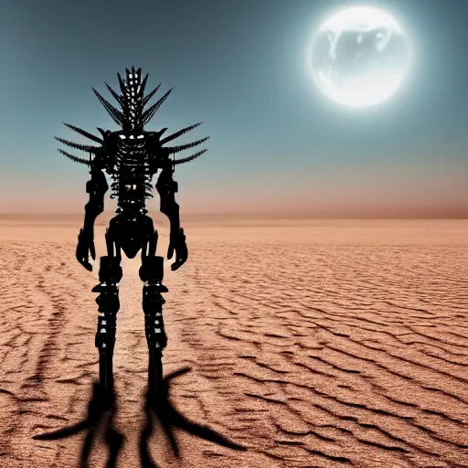 Image similar to a scary cyborg with long spikes walking in the desert, photorealistic, symmetrical 4k