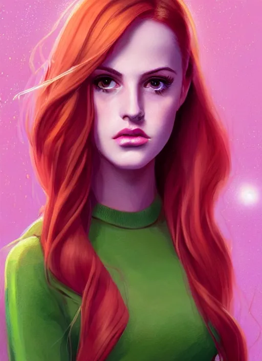 Image similar to full body portrait of teenage cheryl blossom, bangs, green eyes, sultry expression, red hair, sultry smirk, bangs and wavy hair, pink skirt, intricate, elegant, glowing lights, highly detailed, digital painting, artstation, concept art, smooth, sharp focus, illustration, art by wlop, mars ravelo and greg rutkowski