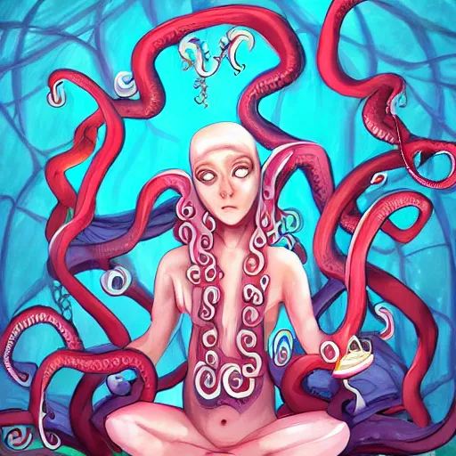 Image similar to octopus priestess in pajamas, underwater, fantasy, digital painting, pixiv