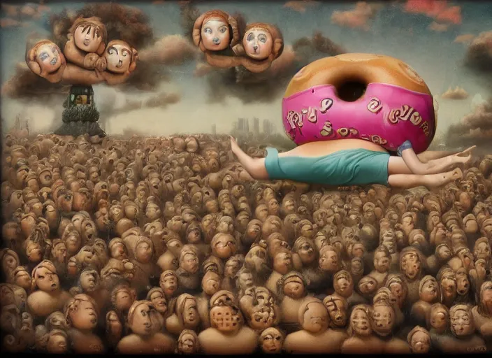 Prompt: the human donut, lowbrow, matte painting, 3 - d highly detailed, in the style of mark ryden,