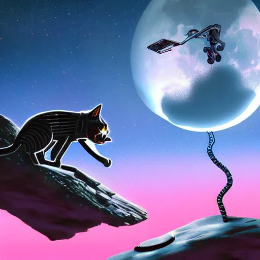 Prompt: digital painting, synthwave, cyborg robot cat with gun on the flying bike, on the moon, realistic, hyperdetailed, concept art