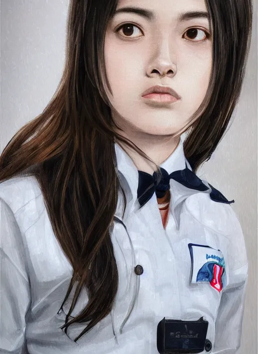 Image similar to Italian Mexican teen female wearing a navy and white Japanese school uniform, posing in Waikiki, sigma female, portrait art by James Jean, highly detailed, digital painting, concept art, illustration, dim lighting with twilight rays of sunlight, trending on artstation, very detailed, smooth, sharp focus, octane render, close up