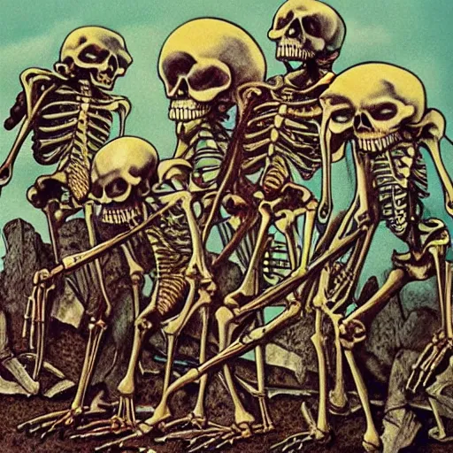 Image similar to 1 9 8 0's heavy metal album art, a funk band that's all skeletons