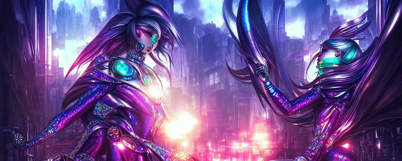 Image similar to hyperdetailed city streets metals and shiny iridescent gems, dark rainbow nimbus, inspired by ross tran and masamune shirow and kuvshinov, intricate, photorealistic, octane render, rtx, hdr, unreal engine, dnd digital art by artgerm