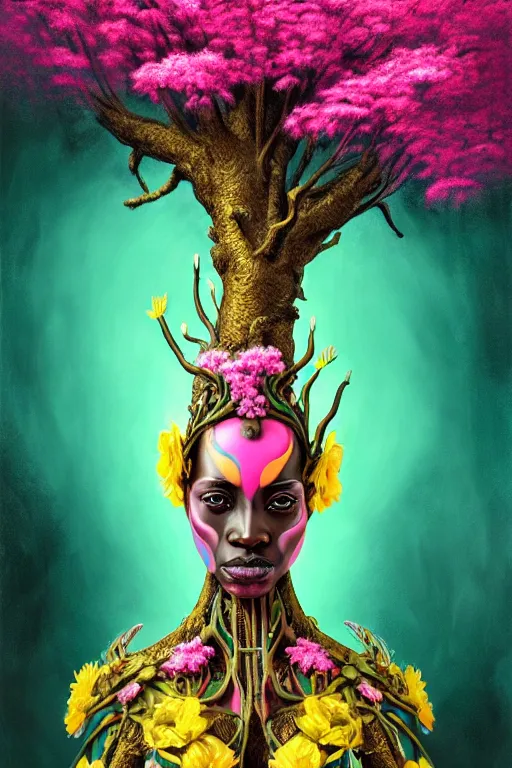 Image similar to illustration neo - rococo cinematic super expressive! yoruba goddess with exoskeleton armor, merging with tree in a forest, pink yellow flowers, highly detailed digital art masterpiece, smooth etienne sandorfi eric zener dramatic pearlescent soft teal light, ground angle hd 8 k, sharp focus