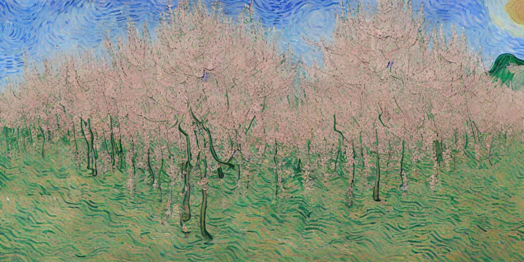 Image similar to a peach blossom forest, the fallen flowers are colorful, the forest runs out of water, there is a mountain, and the mountain has a small mouth, as if there is light. by Vincent van Gogh