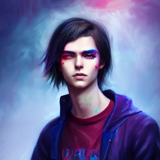 Prompt: colorful and festive captivating teenager boy with straight indigo hair, purple eyes with red eye markers, slim body, wearing combat clothes. rich vivid colors, ambient lighting, dynamic lighting, 4 k, atmospheric lighting, painted, intricate, highly detailed by charlie bowater