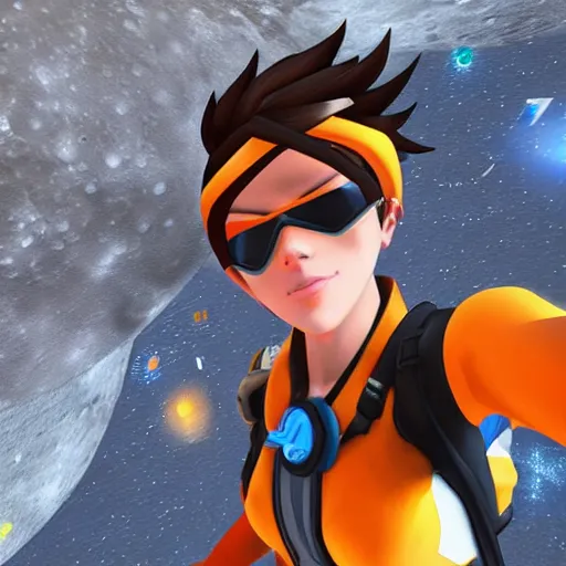 Image similar to tracer overwatch taking selfie on the moon