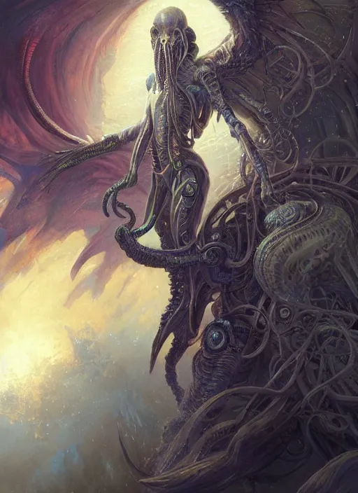 Prompt: cthulhu as a cybernetic angel, digital art by eugene de blaas and ross tran, vibrant color scheme, highly detailed, in the style of romanticism, cinematic, artstation, greg rutkowski