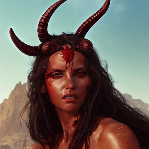 Prompt: portrait of a strong fierce female berber tiefling barbarian with red skin, devil horns and black hair in a ponytail in a desert, fantasy, highly detailed, digital painting, artstation, concept art, character art, art by greg rutkowski, tyler jacobson, alphonse mucha, ross tran and makoto shinkai