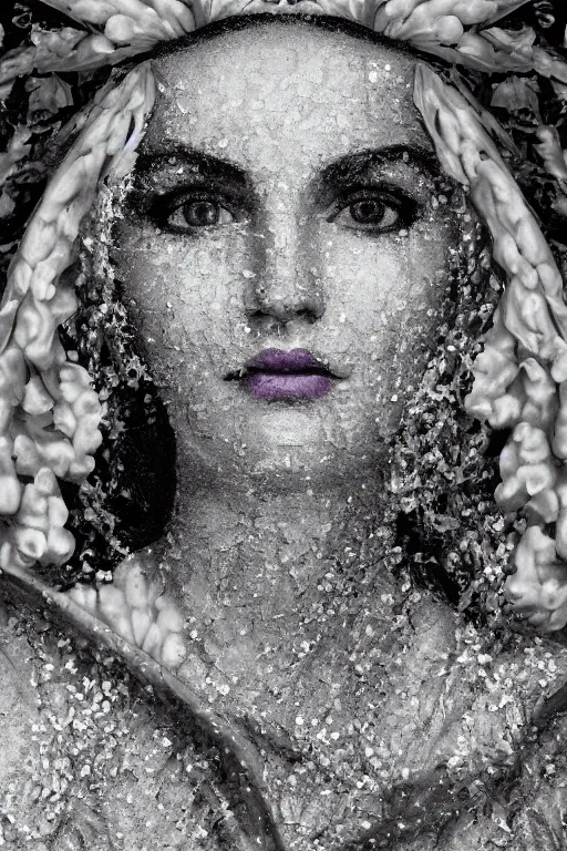 Image similar to hyperrealism close - up mythological portrait of a exquisite medieval woman's shattered face partially made of lavender flowers in style of art deco, wearing silver silk robe, dark palette