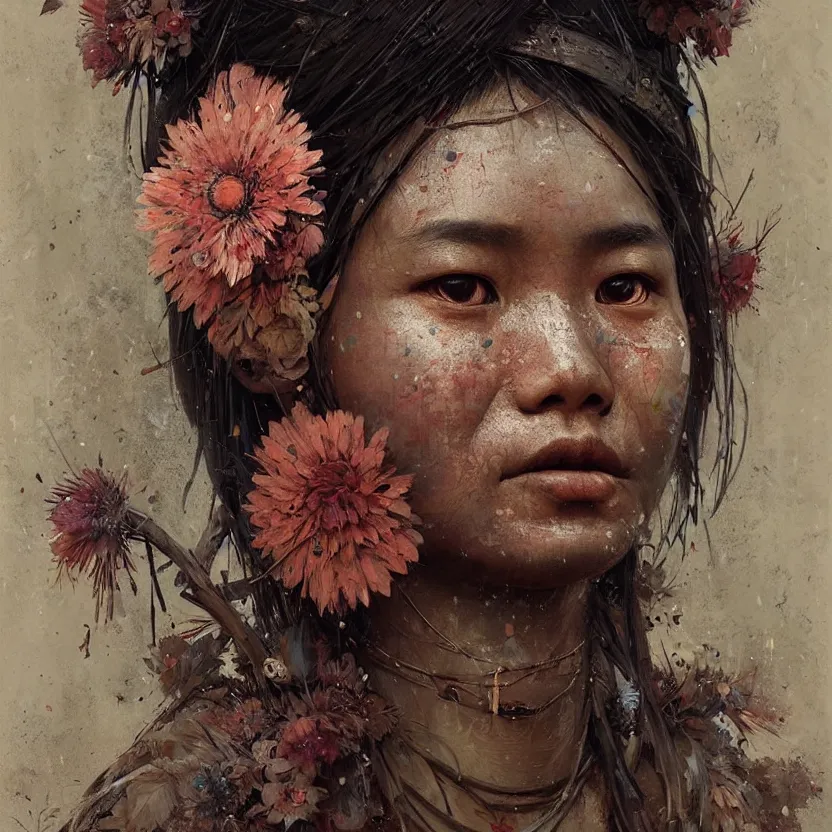 Image similar to detailed portrait of a tribal woman with asian eyes and thick lip forest girl, flowers and trees, by ismail inceoglu dragan bibin hans thoma greg rutkowski alexandros pyromallis nekro rene maritte illustrated, perfect face, fine details, realistic shaded, fine - face, pretty face