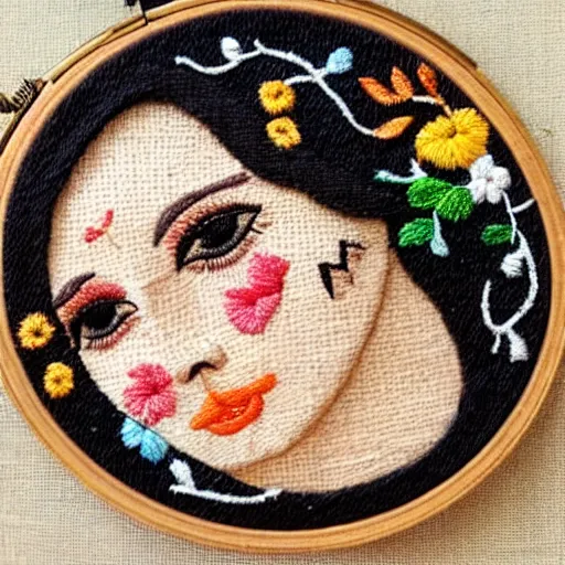 Image similar to a tiny beautiful handmade embroidery of a woman. hand embroidery.