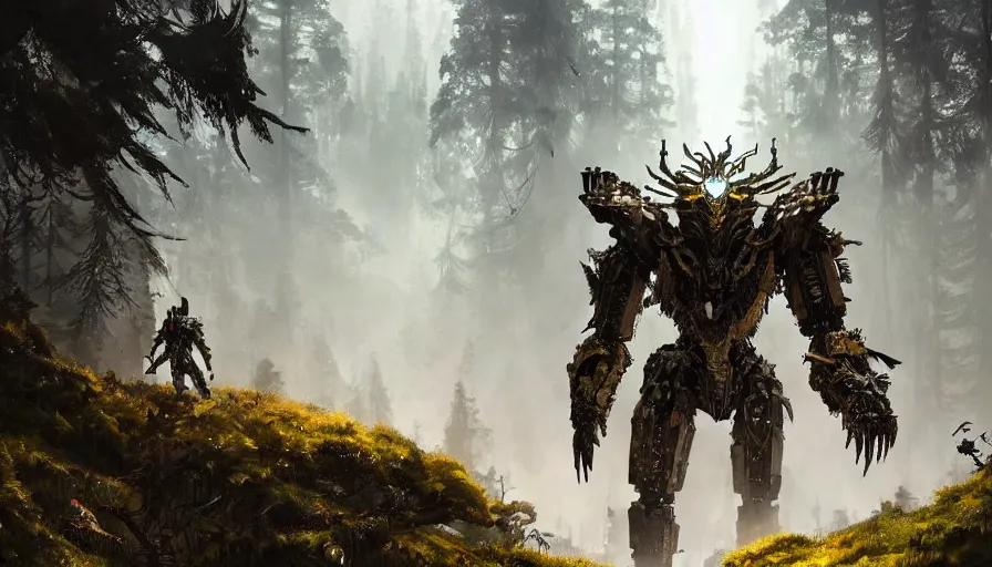 Image similar to large walking mech covered in gold and silver armor with elden ring and horizon zero dawn aesthetic, covered in moss and birds, glowing lights, beautiful forests and trees, intricate detail, epic wallpaper, art by darek zabrocki and John Park and Feng Zhu and Jason Chan, trending on artstation, masterpiece.