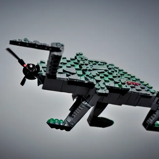 Image similar to a military drone made of legos, realistic photography, high detailed