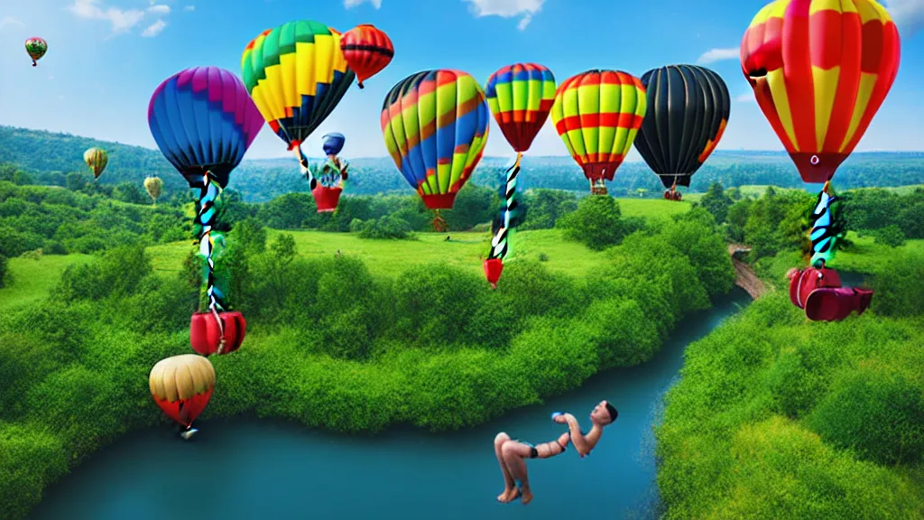 Image similar to large colorful balloons with people on rope swings underneath, flying high over the beautiful countryside landscape, professional photography, 8 0 mm telephoto lens, realistic, detailed, digital art, unreal engine