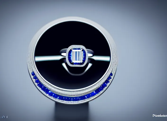 Prompt: futuristic!! diamond wedding ring, sapphire, ( design by porsche!!!!! ), xf iq 4, 1 5 0 mp, 5 0 mm, f / 1. 4, iso 2 0 0, 1 / 1 6 0 s, natural light, octane render, macro shot, symmetrical balance, polarizing filter, sense of depth