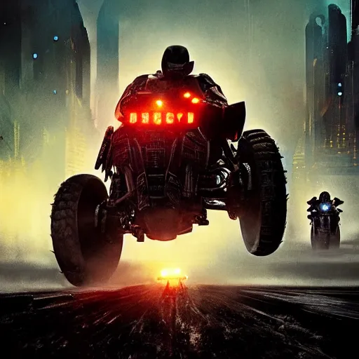 Prompt: four judges on big motorcycles from Judge Dredd riding across the Cursed Earth with a trail of dust behind them, and the ruins of Minneapolis ahead. Hyperrealistic, Blade Runner 2047, artstation, movie poster art