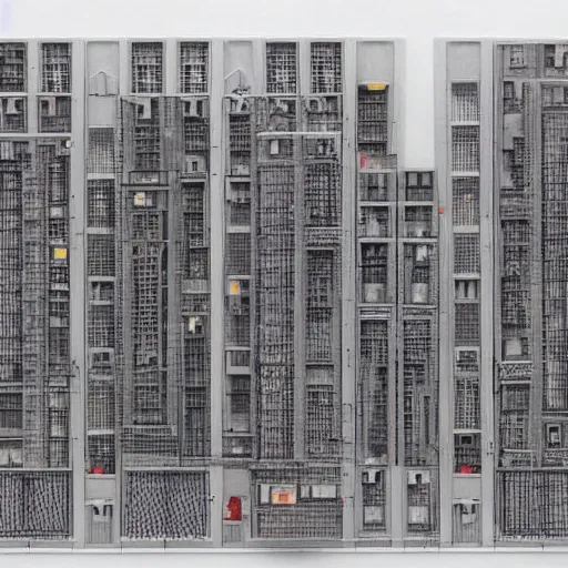 Prompt: recursive modular brutalist city building, Ron cobb, Yoshitaka Amano